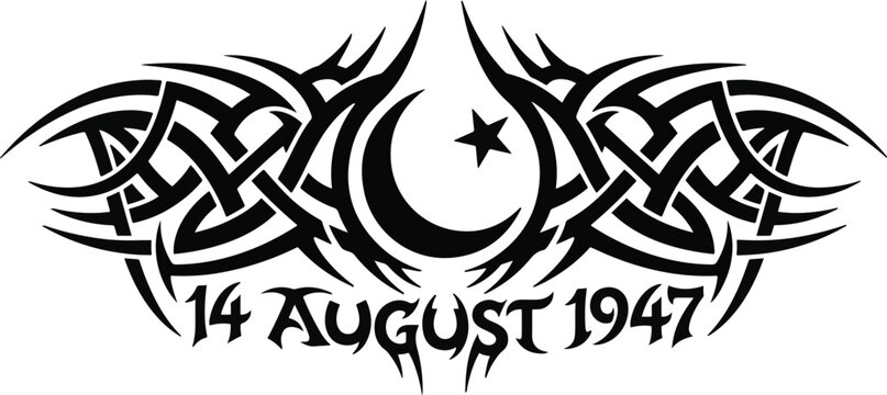 Tribal tattoo vector with 14 August 1947 text, crescent moon and star symbol, black ink ethnic pattern for independence day celebration
