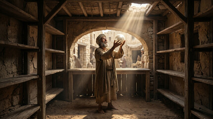 Fototapeta premium The Parable of the Pearl of Great Price. A merchant holding one breathtakingly perfect, giant pearl, having sold everything he owns