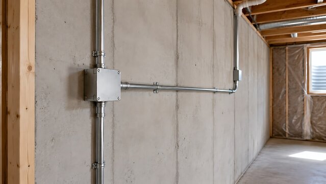 Interior view of an unfinished basement showing concrete walls with exposed electrical conduit and wooden ceiling joists