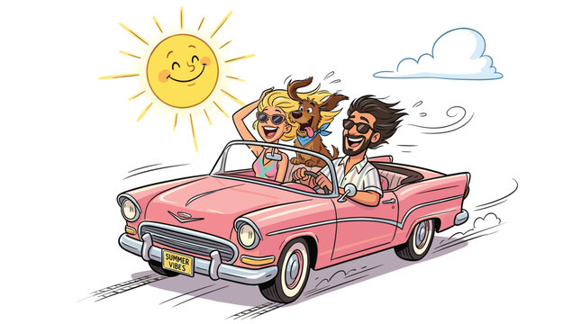 Retro cartoon couple driving pink vintage convertible car with dog, summer road trip illustration, happy travelers on vacation under smiling sun