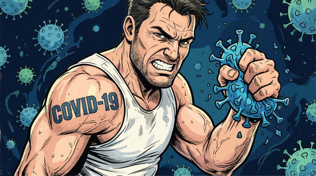 Comic book style illustration of a muscular man crushing a virus cell, angry hero fighting pandemic, COVID-19 tattoo on bicep, vector art