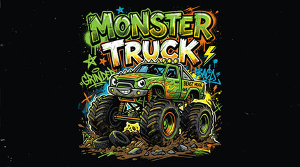 Graffiti monster truck vector illustration, urban street art style off-road vehicle, green monster truck graphic for t-shirt design and posters © Iconify Studio