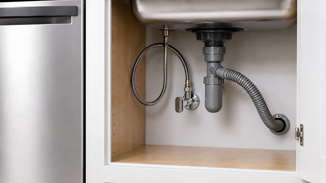 Under sink plumbing pipes and water supply lines inside a modern kitchen cabinet for home maintenance repair