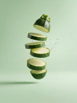 Fresh vegetable concept with floating zucchini slices and liquid splash, healthy food background