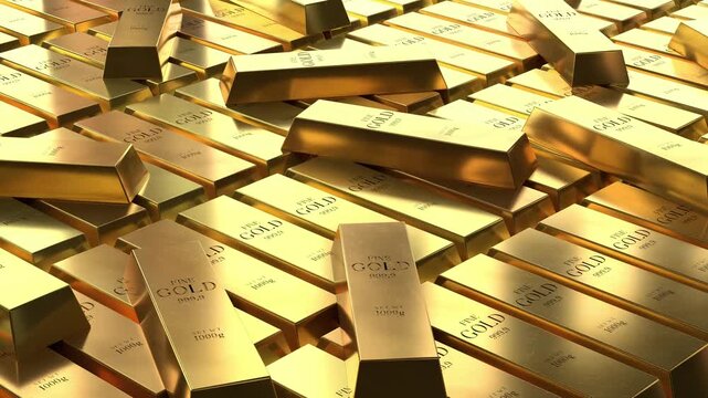 Gold ingots - camera moving sideways - 3d 4k animation (3840 x 2160px)
