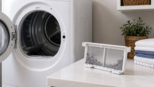 A clean lint trap filter removed from a white clothes dryer for routine maintenance in a laundry room