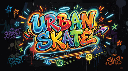 Urban Skate graffiti art vector, vibrant neon street culture typography, colorful spray paint lettering with skateboard illustration on black background © Iconify Studio