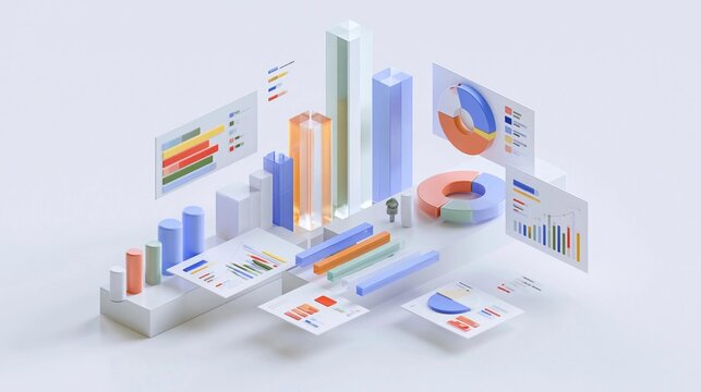3d rendering of various graphs and charts on a white background. there are several different types of graphs, including bar graphs, charts, and pie charts, arranged in a scattered manner.