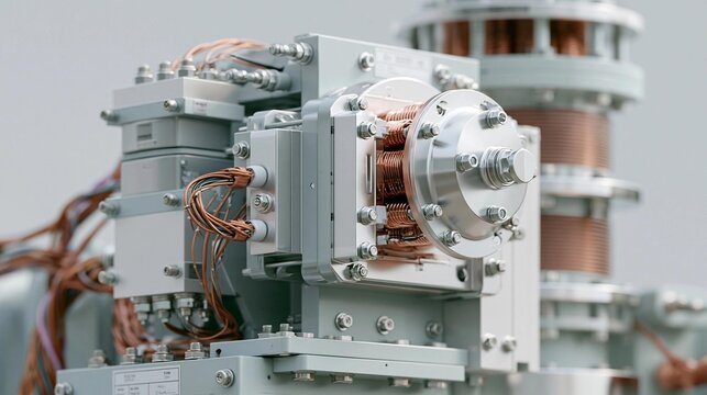Close-up of a large industrial machine with multiple components. the machine appears to be made of metal and has a metallic frame with multiple wires and cables attached to it.