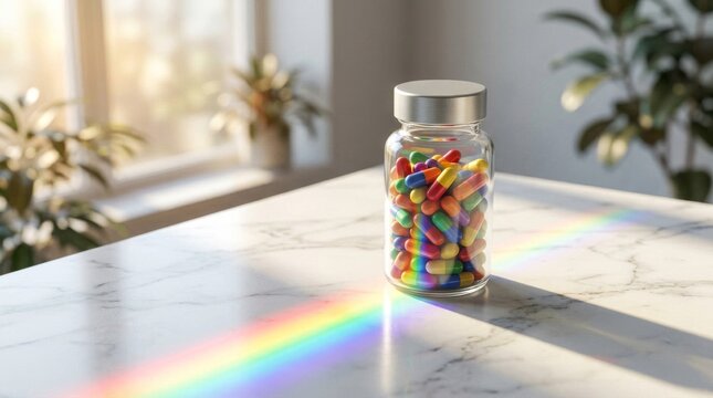 Clear glass pill bottle filled with colorful capsules casting a vibrant rainbow spectrum on a white marble table.