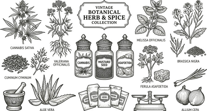 Vintage Botanical Herb and Spice Vector Collection Featuring Cannabis Valerian Aloe Vera Mustard Seed Apothecary Jars and Mortar in Detailed Hand Drawn Engraving Style