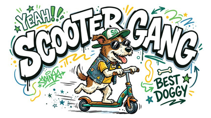 Graffiti style scooter gang dog vector illustration, cool jack russell terrier on kick scooter, urban street art doggy character for t-shirt design © Iconify Studio