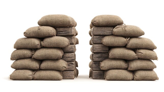Stacked Sandbags Isolated on White Background for Flood Protection