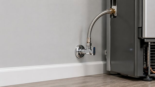 Close up of a flexible stainless steel water supply hose connected to a shut off valve on a wall