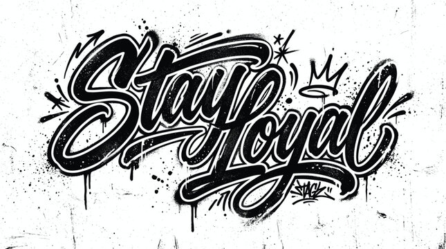 Graffiti tag lettering with Stay Loyal text, urban street art calligraphy vector, black and white hand drawn script with crown and paint drips