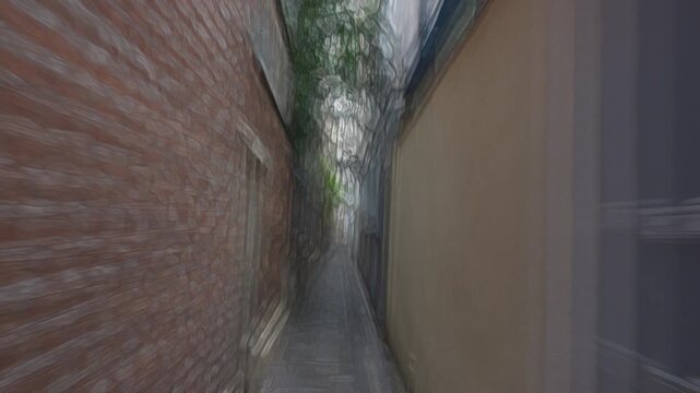 Vue en acc&eacute;l&eacute;r&eacute; tremblante en marchant dans une rue &eacute;troite, avec effet de contours multicolore progressif