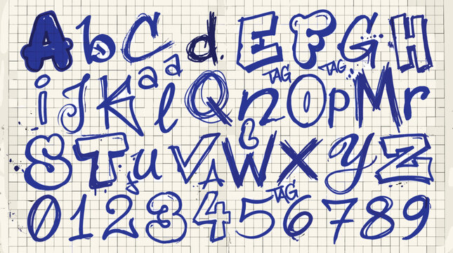 Graffiti alphabet and numbers set in blue ink, hand drawn street art font on grid paper, urban style lettering vector for creative design