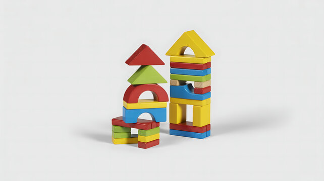 Colorful wooden blocks arranged into two small towers transparent background