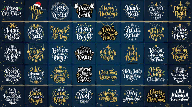 Elegant Christmas lettering collection, 40 gold and white holiday quotes on navy blue background, festive winter typography vector set for greeting cards