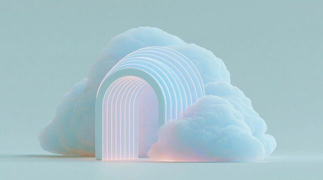 3d rendering of a large cloud with a curved arch in the center. the arch is made up of multiple layers of white clouds, with the top layer being the largest and the bottom layer being smaller.