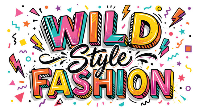 Retro Wild Style Fashion typography, colorful 90s pop art vector lettering, vibrant comic book style text with confetti and lightning bolts