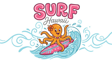 Retro surf Hawaii vector illustration, cute octopus character surfing on ocean wave, vintage tropical beach t-shirt design with bubble lettering © Iconify Studio