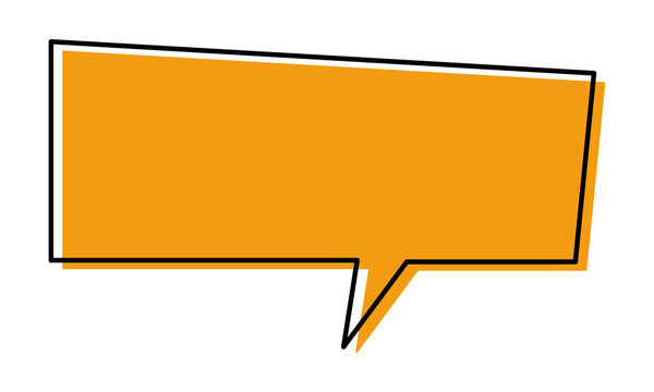 Yellow speech bubble with orange shadow offset and black outline stroke creating modern chat box graphic for social media messaging or conversational interface icons isolated on white backdrop screen.