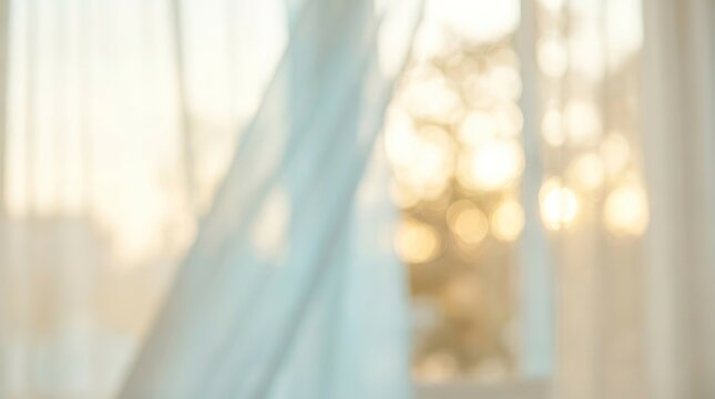 Abstract Background of Soft White Curtains Blowing in Sunlight with Warm Bokeh