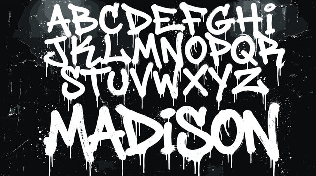 Graffiti alphabet vector set with dripping paint effect, white street art font on black background, urban spray paint letters for hip hop design