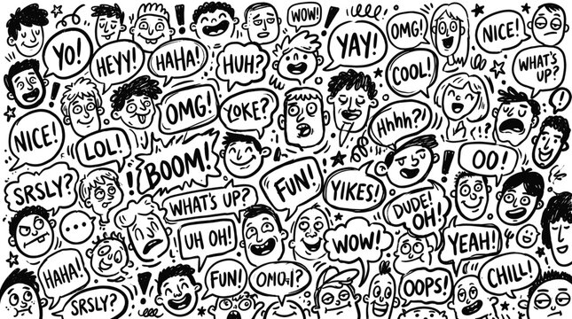 Hand drawn doodle people with speech bubbles, black and white comic characters background, expressive cartoon faces with slang text vector