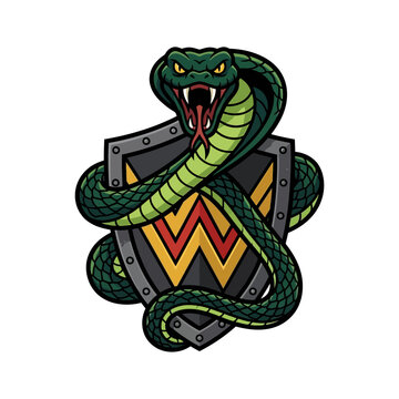 Green Snake Coiled Around Shield Emblem.