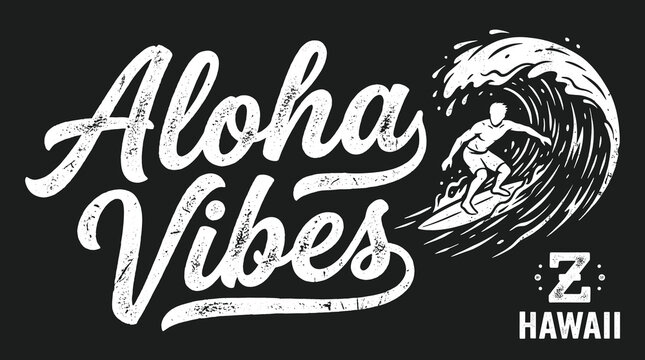 Vintage Aloha Vibes surfing vector illustration, retro Hawaii surf typography with surfer riding ocean wave, distressed white graphic on black background