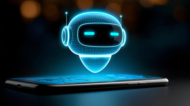 Glowing digital chatbot avatar icon floating above a smartphone screen, AI communication technology concept, with copy space