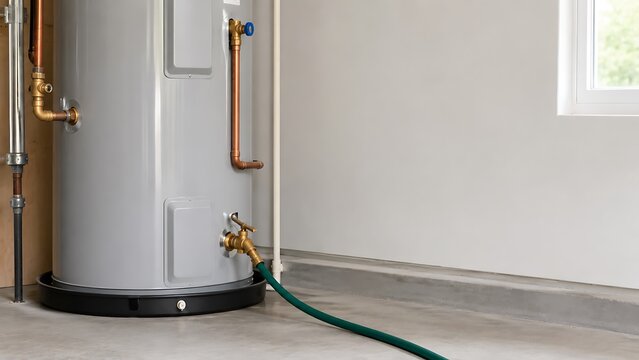 A residential water heater tank being drained with a green garden hose in a basement utility room