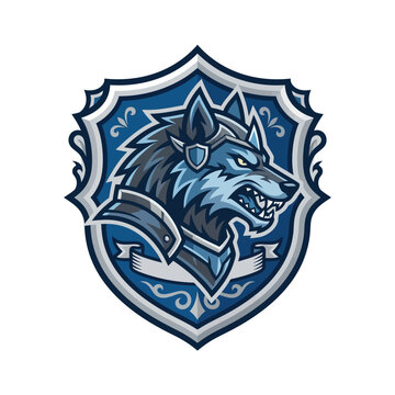 Blue Wolf Head Crest Shield Emblem Design.
