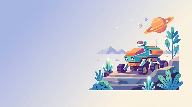 Stylized space rover exploring an alien planet surface