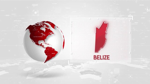 Belize 4K Tech Map Beside Globe On White Background.
