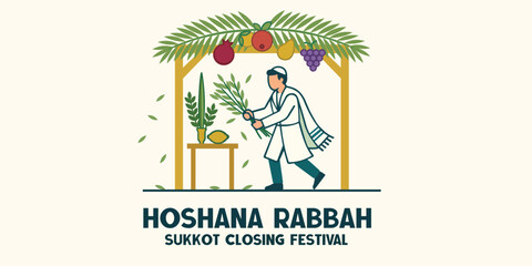 Fototapeta premium Hoshana Rabbah Sukkot Closing Festival with Worshipper Holding Lulav and Etrog Under Decorated Sukkah Flat Vector Illustration