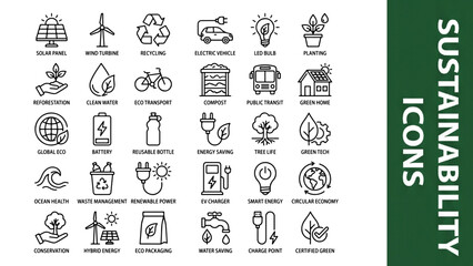 Fototapeta premium Sustainability icons set. Eco friendly symbols for green energy and environmental protection.