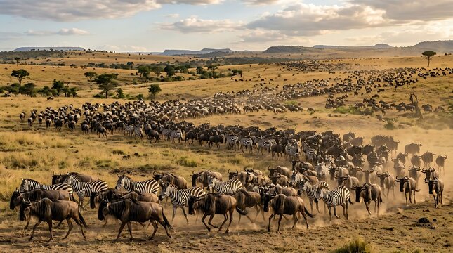 Massive herd of wildebeest and zebras migrating across the savanna