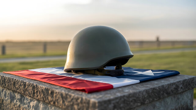 Military helmet resting on folded American flag outdoors during sunset transparent background