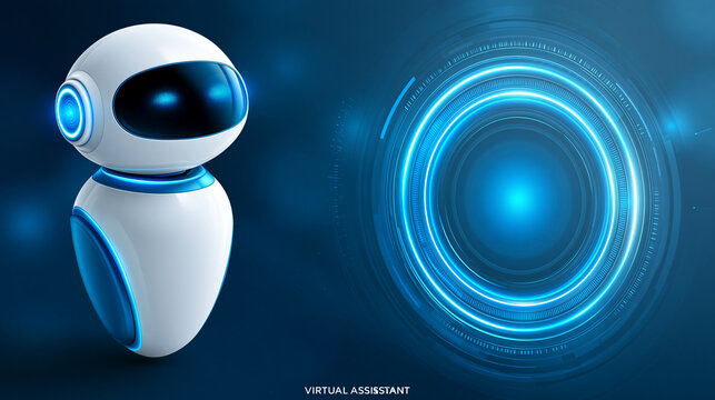 Modern virtual assistant chatbot interface with a friendly bot icon, instant response and seamless service concept, with copy space