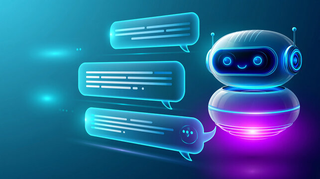 Modern virtual assistant chatbot interface with a friendly bot icon, instant response and seamless service concept, with copy space