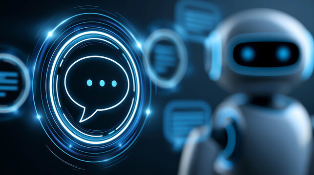 Modern virtual assistant chatbot interface with a friendly bot icon, instant response and seamless service concept, with copy space