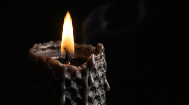 Close up macro shot of burning black beeswax honeycomb candle with bright flame on dark background