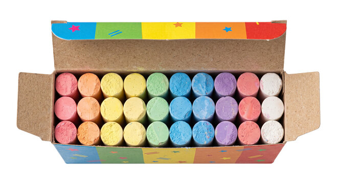 Colorful chalk sticks arranged neatly in an open cardboard box for drawing and art