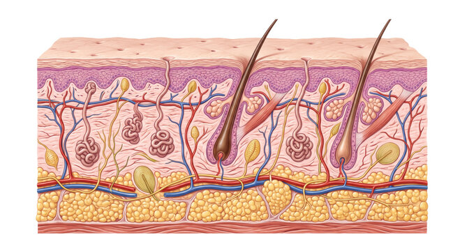 Detailed cross-section illustration of human skin layers and structures
