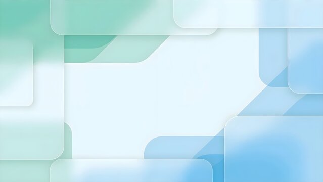 Modern abstract seamless backdrop featuring flat layered translucent shapes with frosted glass style gradients in soft mint green sky blue and white with center workspace vector illustration