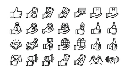 Fototapeta premium Set of line icons depicting hands holding various objects and making gestures