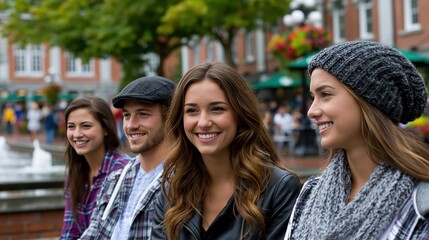 Obraz premium Friends Enjoy a Joyful Afternoon Gathering After Classes in a Lively Plaza